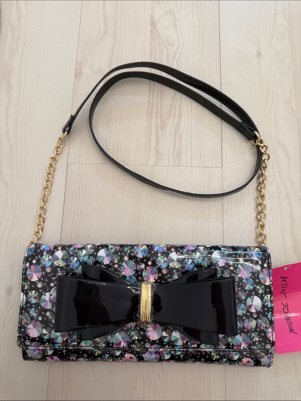 Betsey Johnson Black Patent Bow Crystal-Print Crossbody Clutch NWT